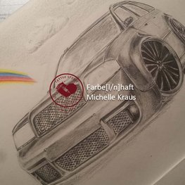 Zeichnung von einem Auto mit Regenbogen